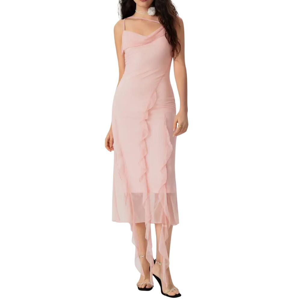 Pink Mesh Ruffle Hem Ruched Midi Dress by Cider | XS | Y2K Party Vibes | NWT